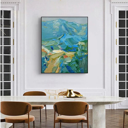 Blue Ridge Mountains hand-painted ocean blue and ivory textured mountain landscape painting shown with wood frame