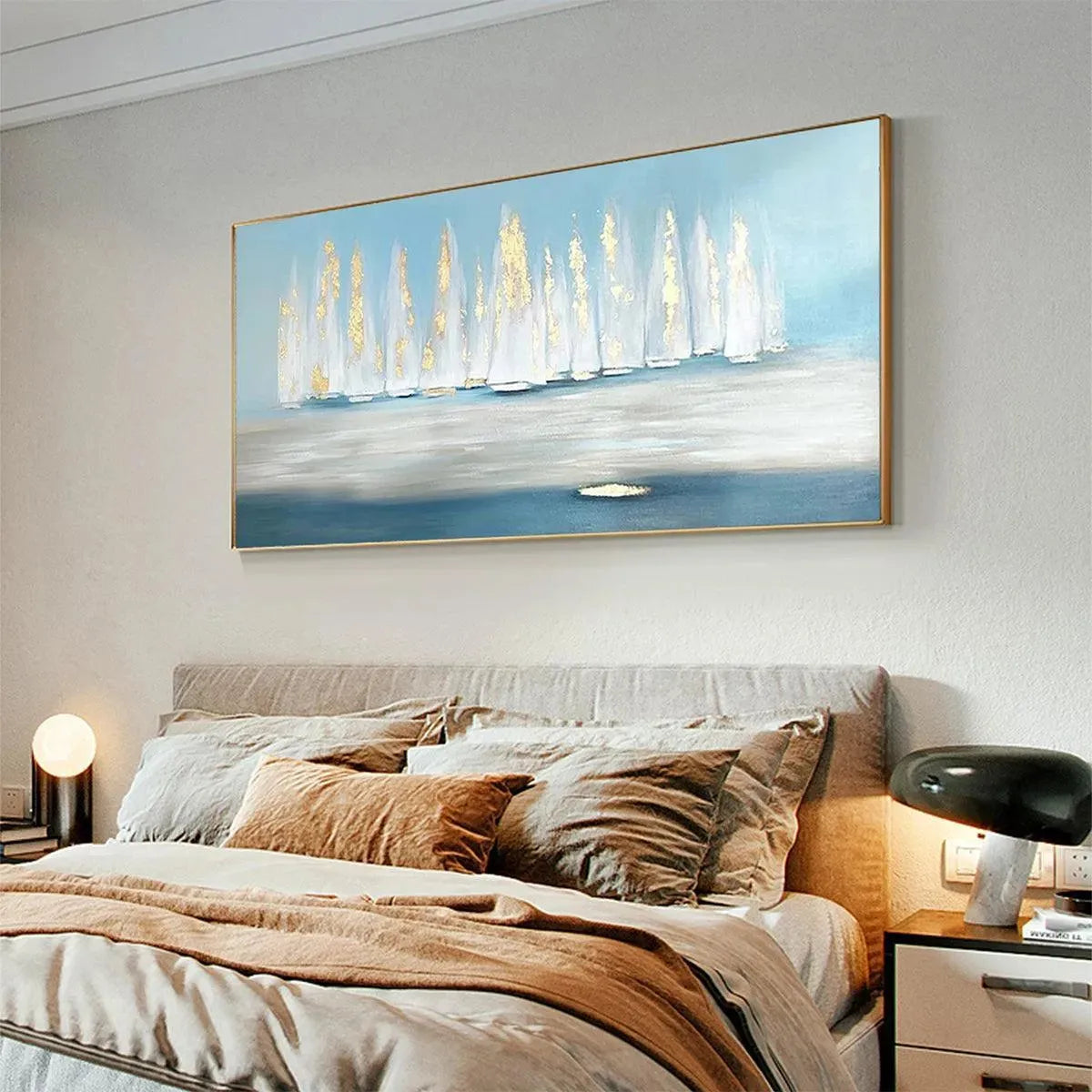Golden Sails hand-painted gold and ivory textured sailboat seascape painting rolled canvas option