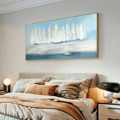 Golden Sails hand-painted gold and ivory textured sailboat seascape painting rolled canvas option