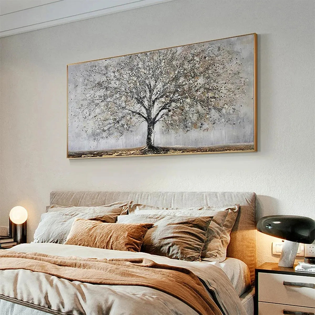 Silver Birch hand-painted soft grey and gold textured forest landscape painting rolled canvas option