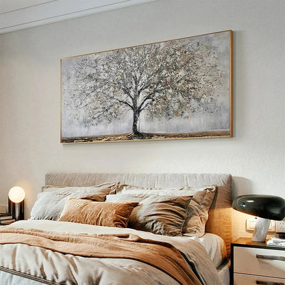 Silver Birch hand-painted soft grey and gold textured forest landscape painting rolled canvas option