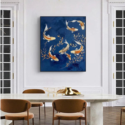 Blue and Gold Koi Fish Oil Painting – Golden Koi
