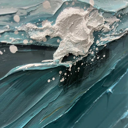 Oceanic Symphony hand-painted beige and ivory textured ocean wave painting shown with black frame