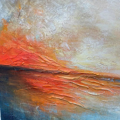 Fiery Embrace hand-painted beige and ivory textured sunset seascape painting shown with gold frame