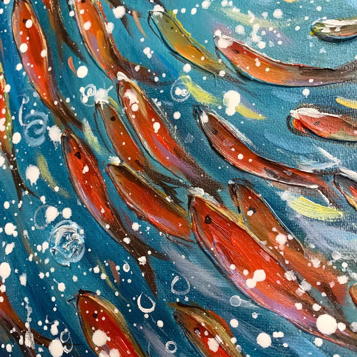 Coral Dance hand-painted coral and ivory textured school of fish painting shown with gold frame
