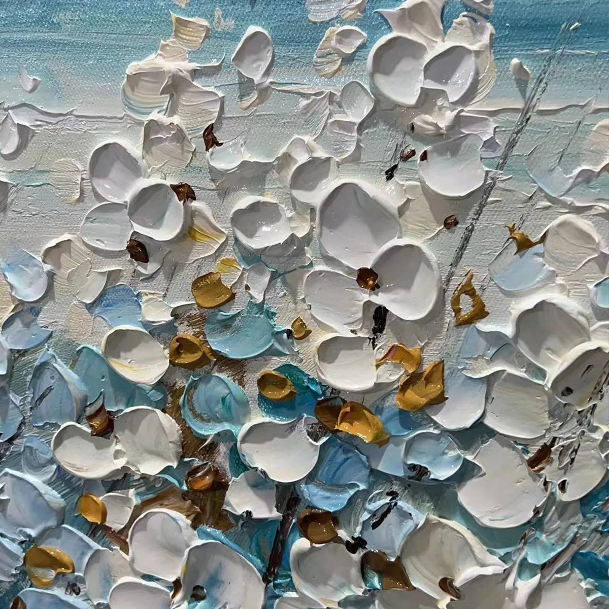 Ocean Breeze hand-painted white and ocean blue textured coastal landscape painting shown with gold frame