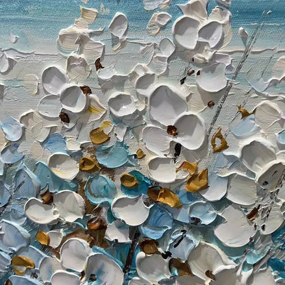 Ocean Breeze hand-painted white and ocean blue textured coastal landscape painting shown with gold frame