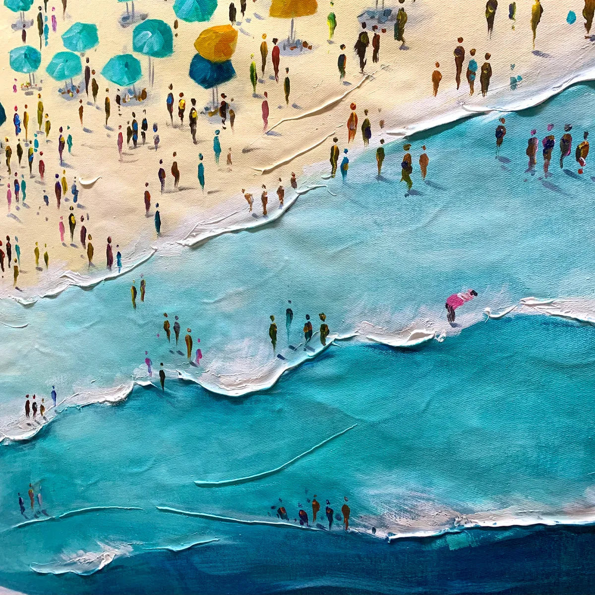 Summer Afternoon hand-painted turquoise and ivory textured beach scene painting shown with silver frame