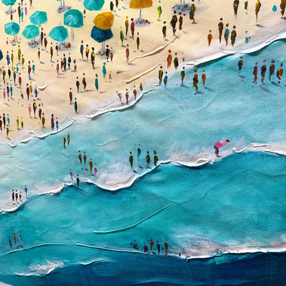 Summer Afternoon hand-painted turquoise and ivory textured beach scene painting shown with silver frame