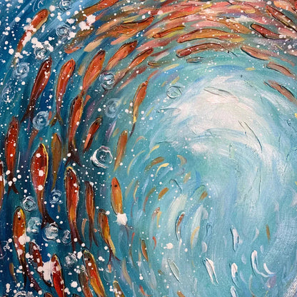Coral Dance hand-painted coral and ivory textured school of fish painting shown with black frame