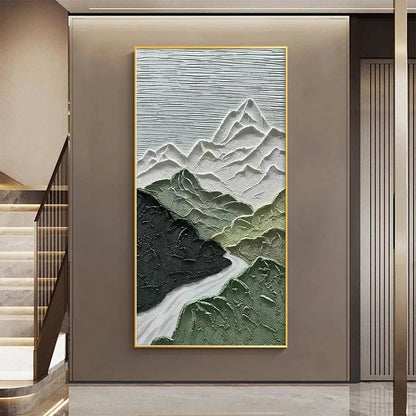 Jade Peak hand-painted white and green textured mountain river landscape painting shown with wood frame