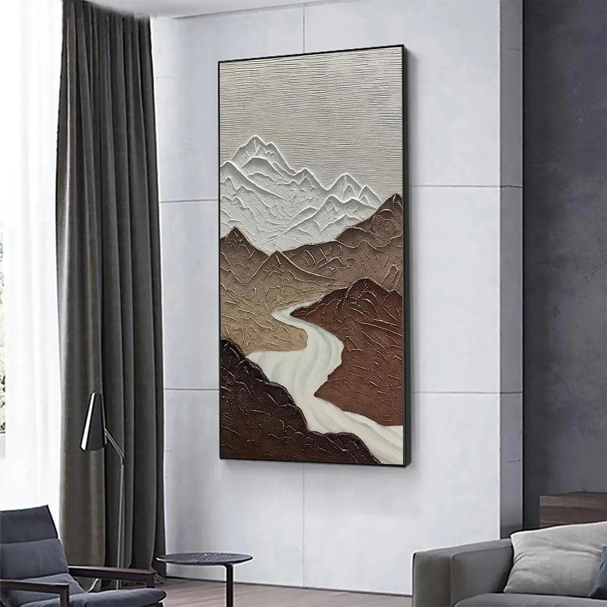 Earth River hand-painted white and earth brown textured mountain river landscape painting rolled canvas option