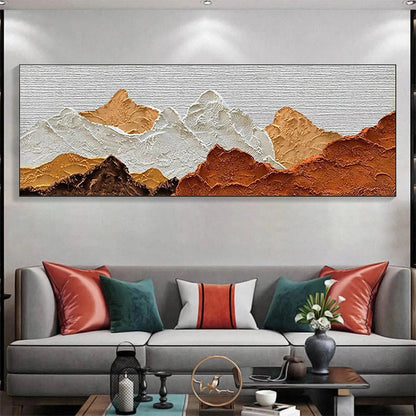 Mountain Peaks hand-painted white and earth brown textured mountain landscape painting shown with wood frame