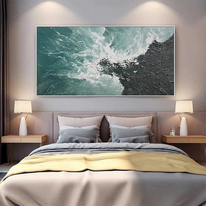 Turquoise Crash hand-painted black, turquoise and teal textured coastal abstract painting rolled canvas option