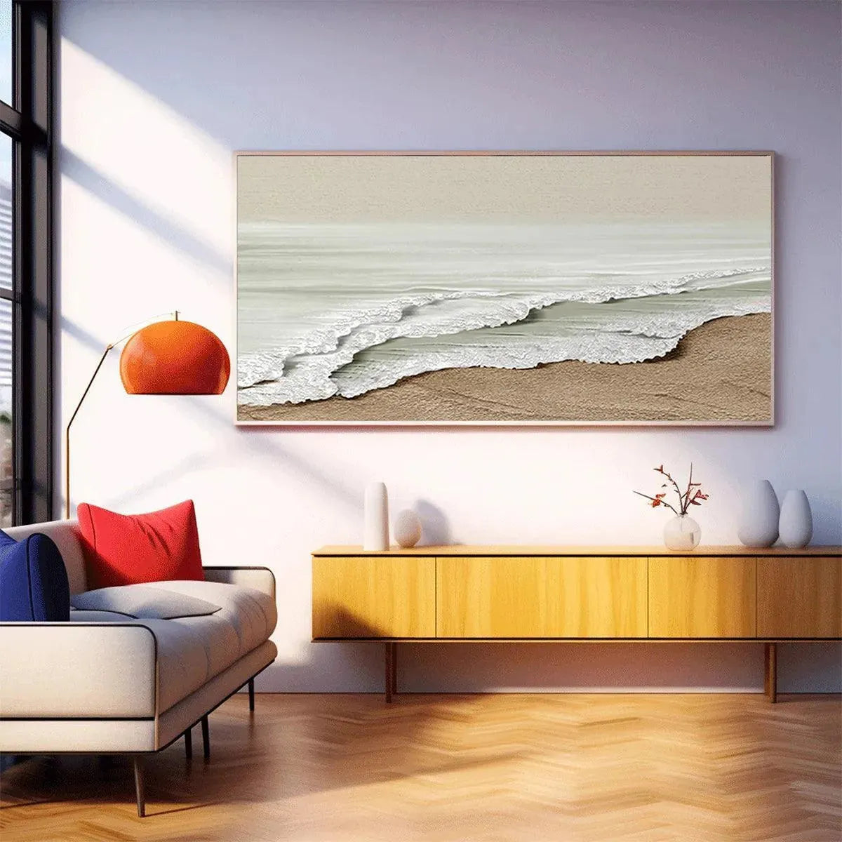 Serene Shore hand-painted beige and ivory textured coastal landscape painting rolled canvas option