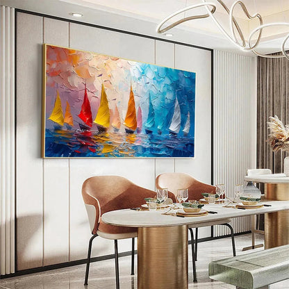Regatta hand-painted ocean blue, ivory and soft neutral tones textured sailboat seascape painting shown as stretched canvas