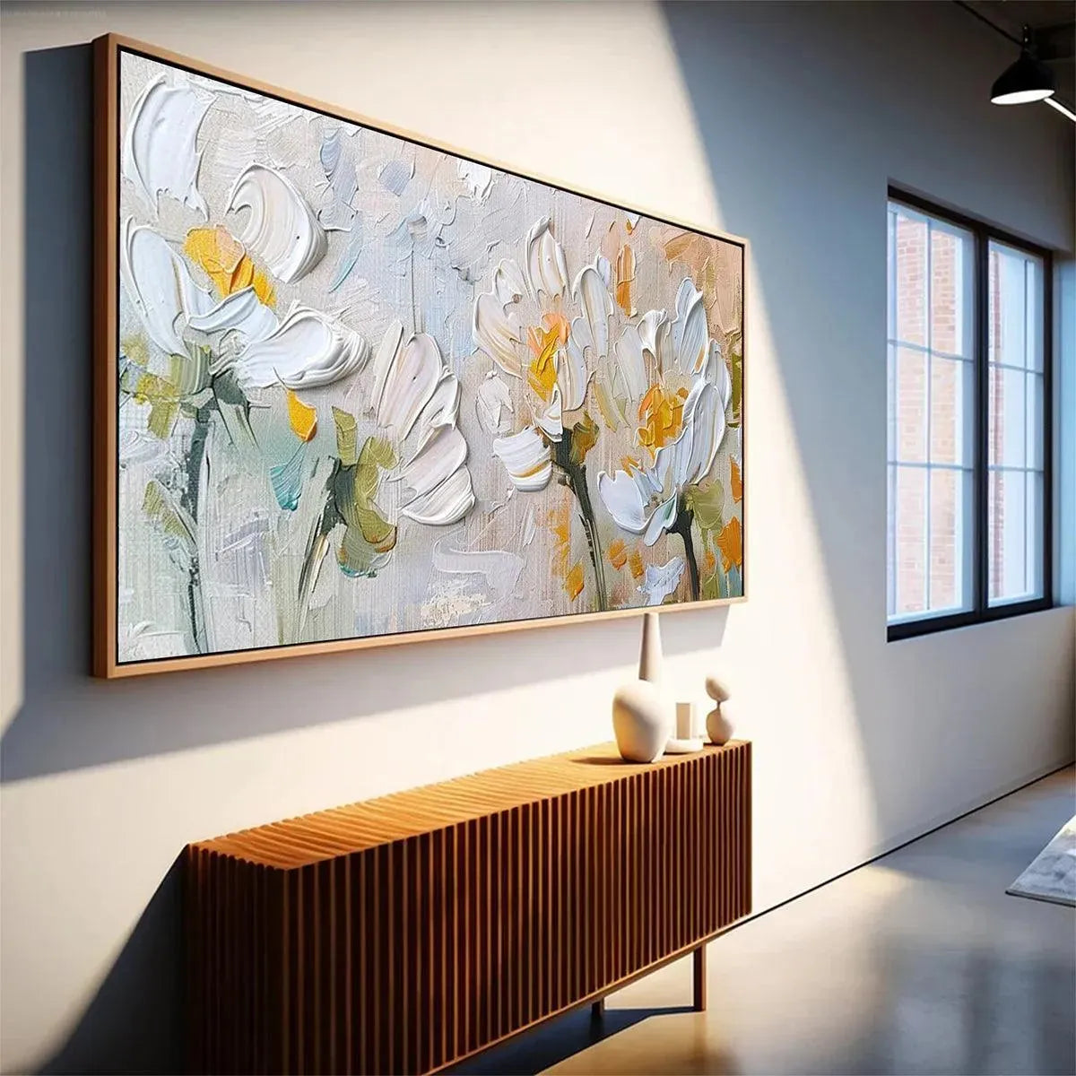 White and Beige Floral Impasto Painting – White Blossoms