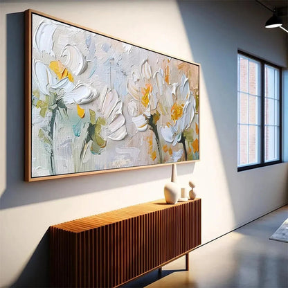 White and Beige Floral Impasto Painting – White Blossoms