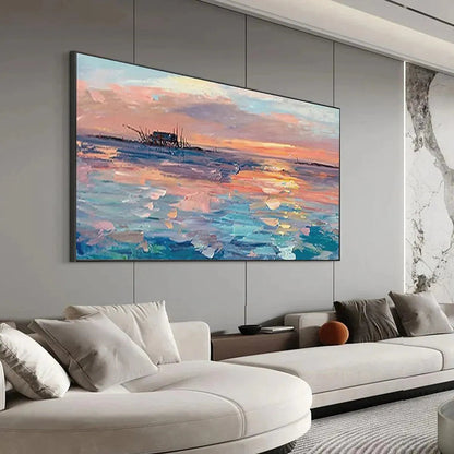 Dusk Reflections hand-painted ocean blue, ivory and soft neutral tones textured sunset seascape painting shown with wood frame