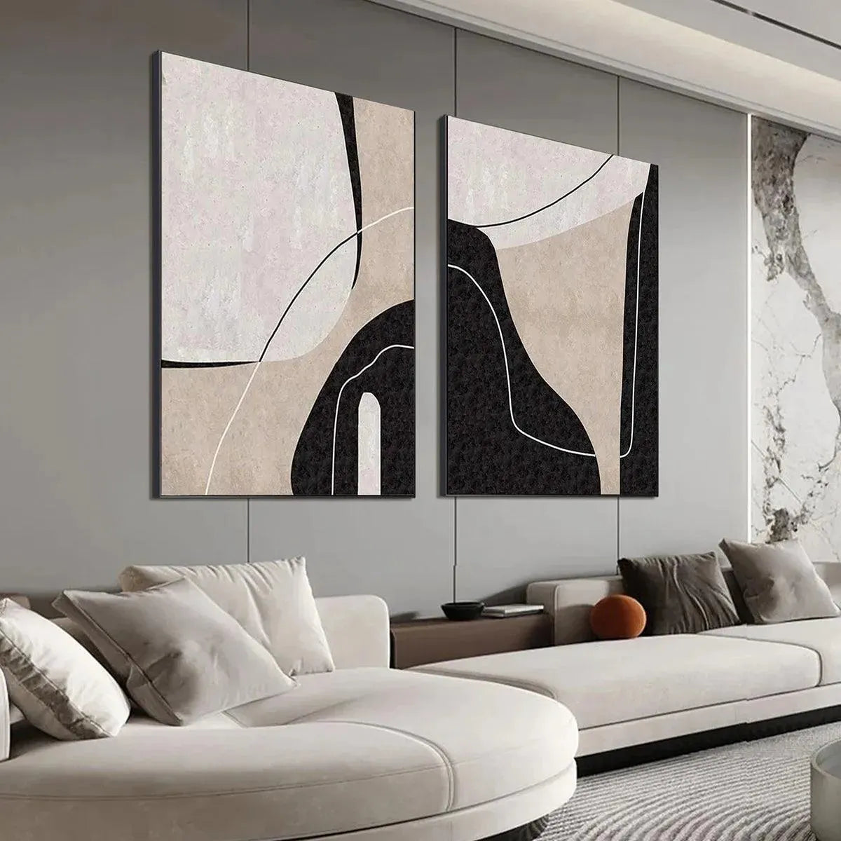 Black and White Wabi-Sabi Geometric Oil Painting – Abstract Minimalist Diptych