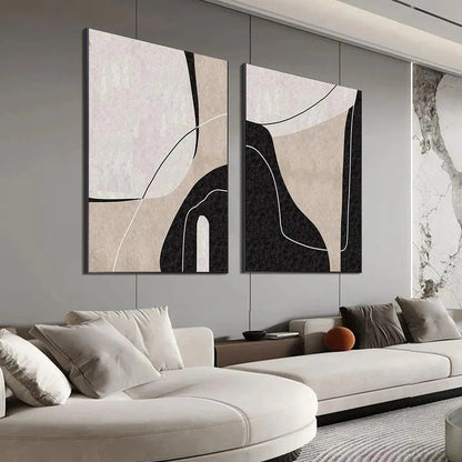 Black and White Wabi-Sabi Geometric Oil Painting – Abstract Minimalist Diptych