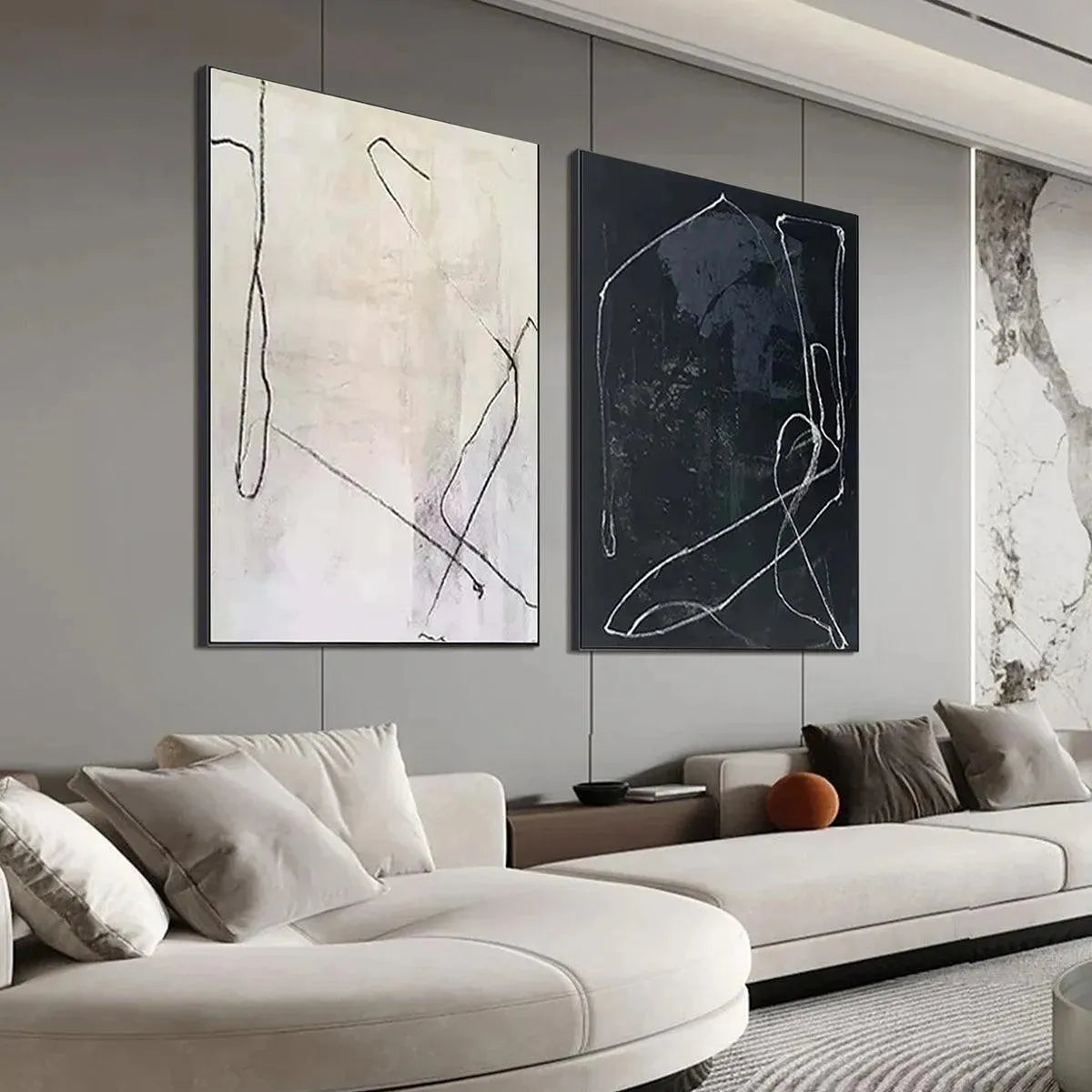 Black and White Wabi-Sabi Abstract Oil Painting – Minimalist Abstract Duo