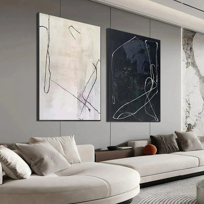 Black and White Wabi-Sabi Abstract Oil Painting – Minimalist Abstract Duo