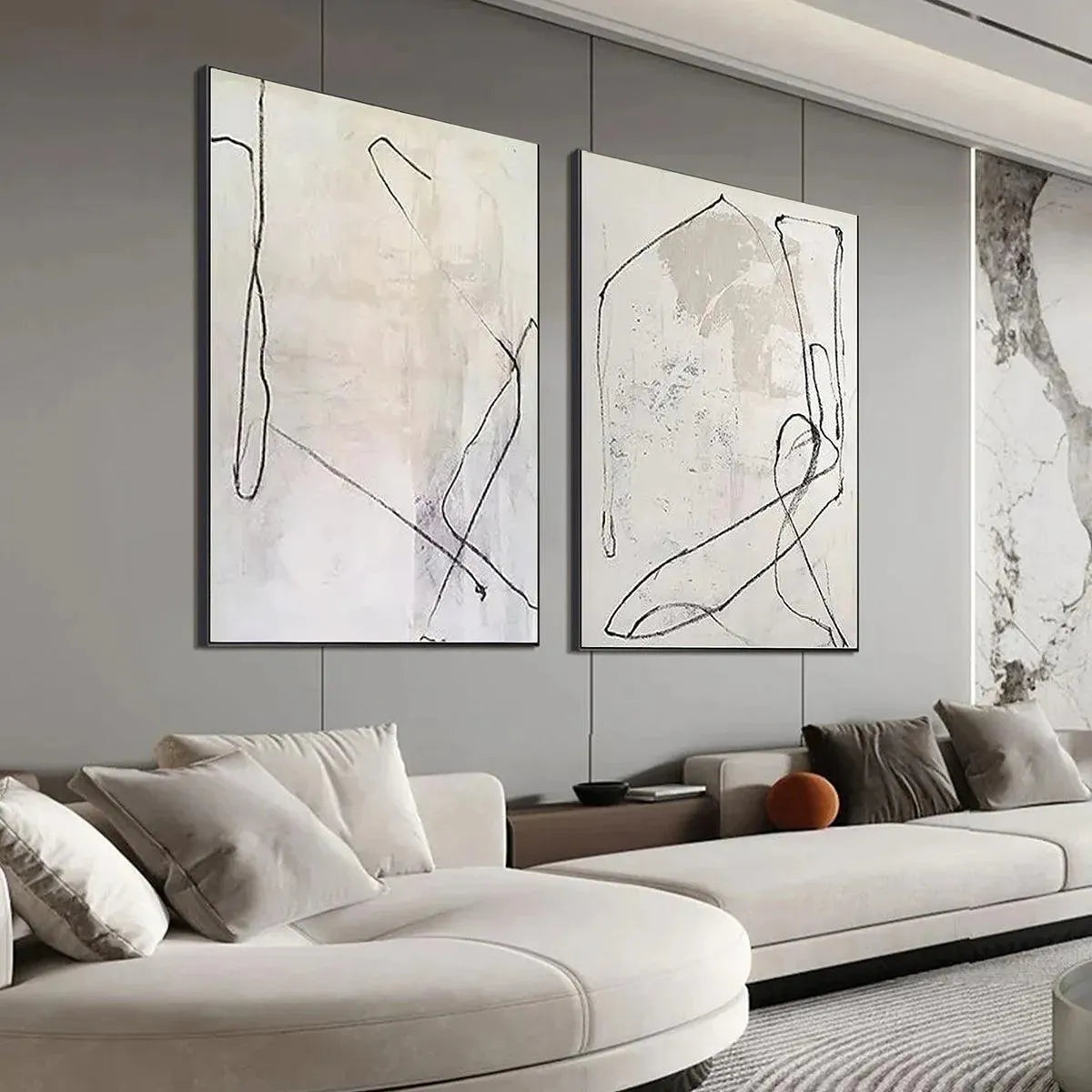 Beige Wabi-Sabi Abstract Line Art Oil Painting – Minimalist Abstract Diptych