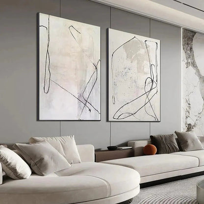 Beige Wabi-Sabi Abstract Line Art Oil Painting – Minimalist Abstract Diptych