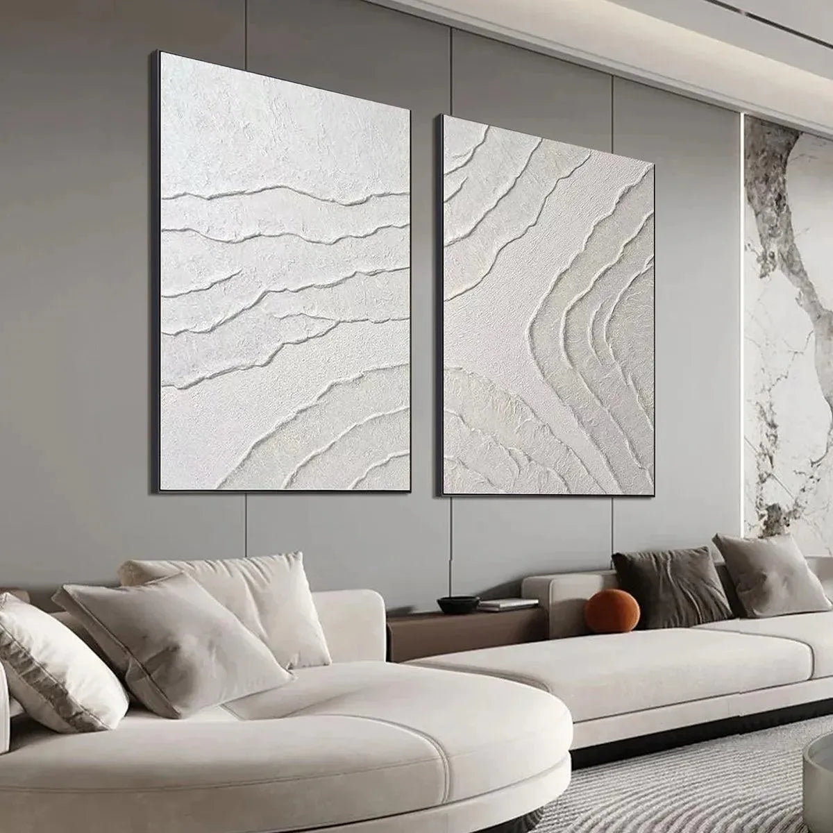 White Textured Lines Diptych – Wabi-Sabi Abstract Oil Painting, view 4