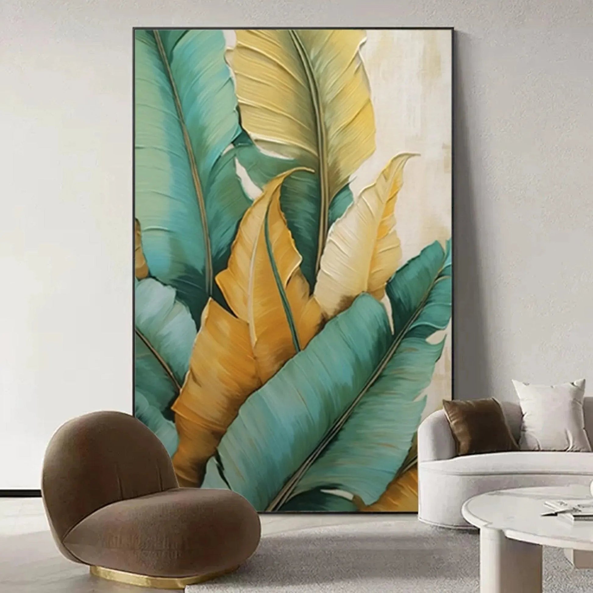 Tropical Abundance hand-painted green, gold and yellow textured botanical painting shown with wood frame