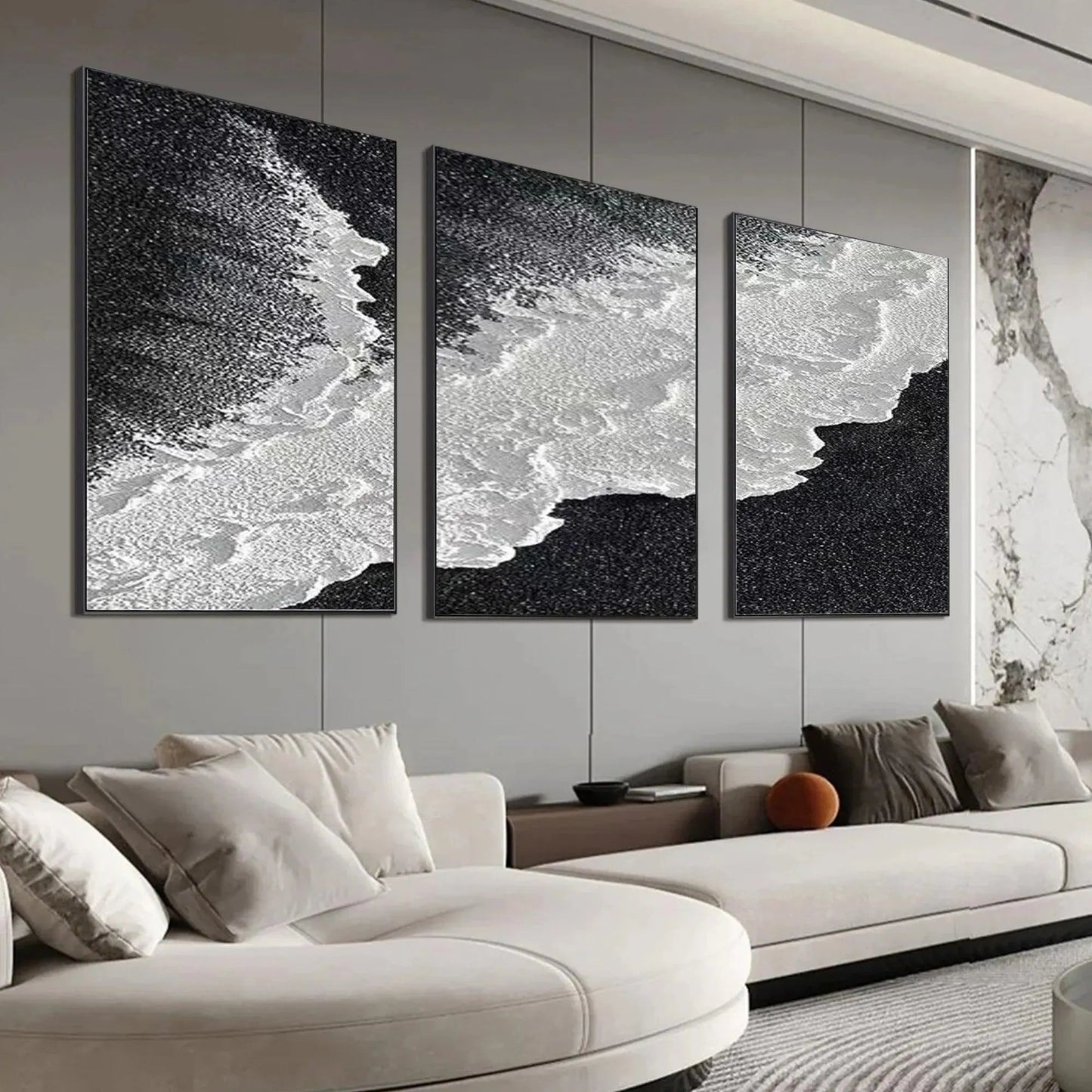 Black & White Ocean Triptych hand-painted white and black textured coastal abstract painting shown with gold frame