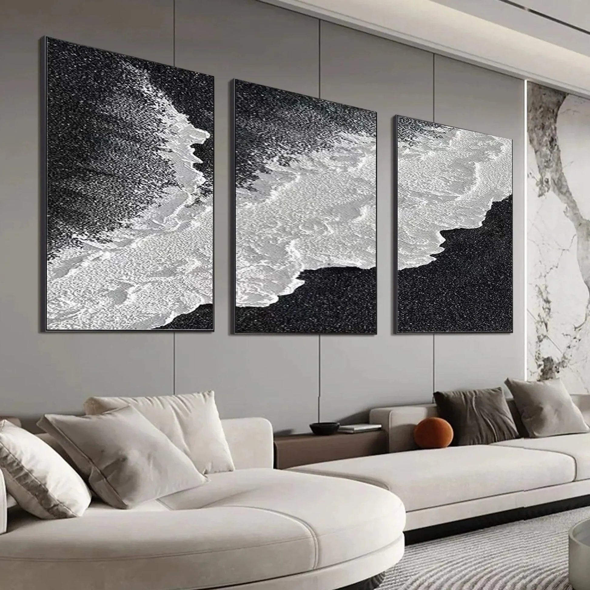 Black & White Ocean Triptych hand-painted white and black textured coastal abstract painting shown with gold frame