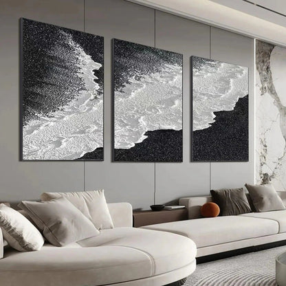 Black & White Ocean Triptych hand-painted white and black textured coastal abstract painting shown with gold frame