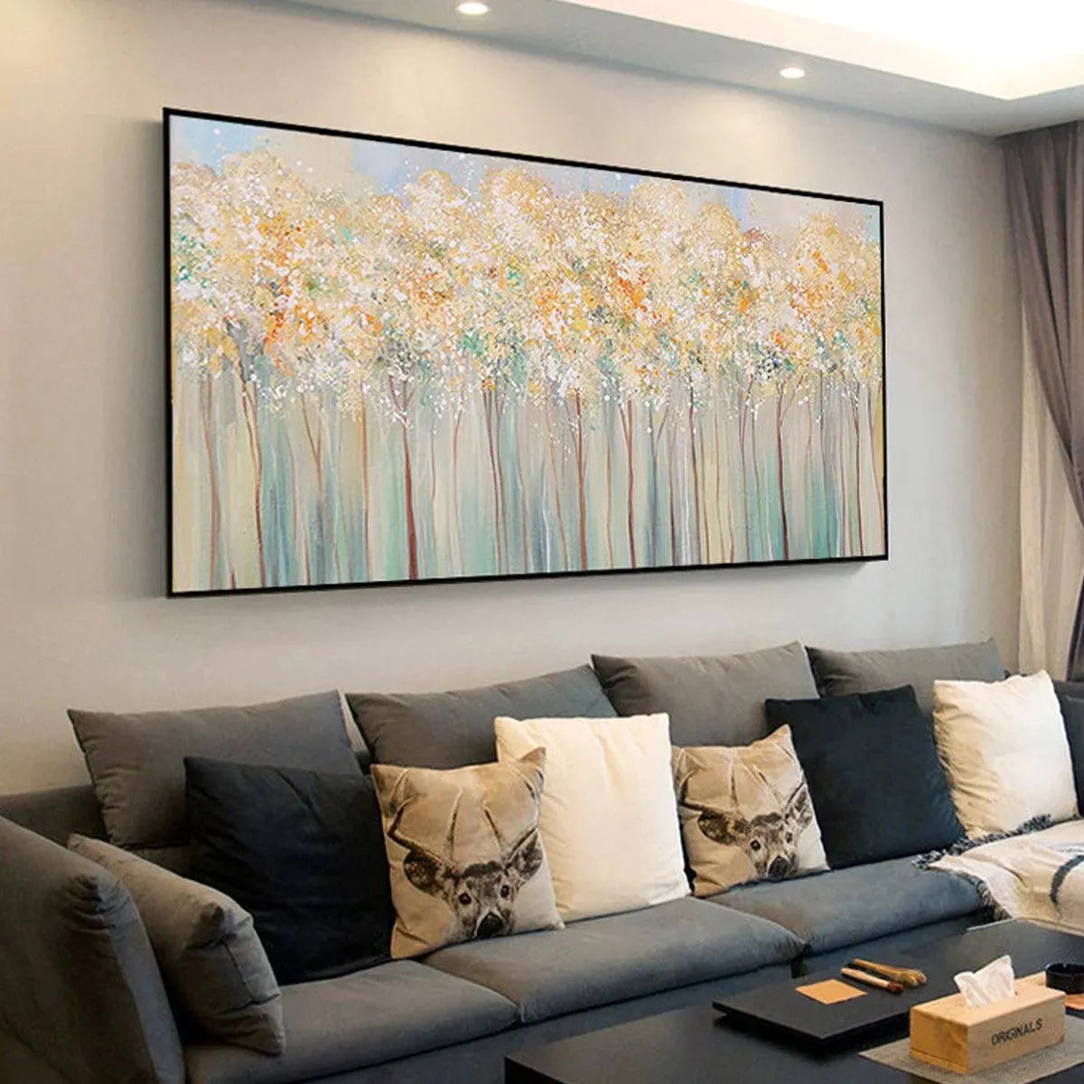 Aspen Glow hand-painted forest green, soft grey and warm earth tones textured forest landscape painting rolled canvas option