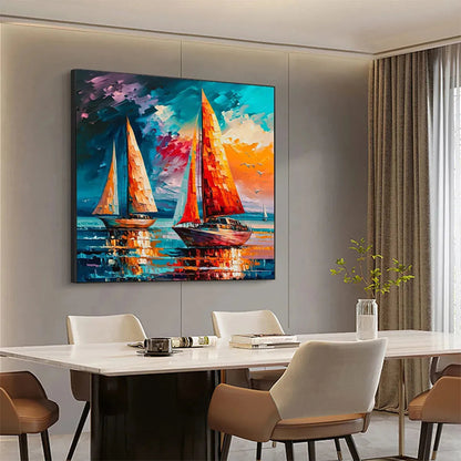 Evening Sail hand-painted ocean blue, ivory and soft neutral tones textured sailboat seascape painting rolled canvas option