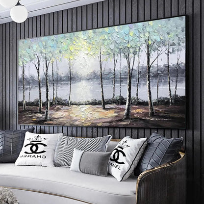 Serene Waters hand-painted ocean blue and green textured forest landscape painting shown with black frame
