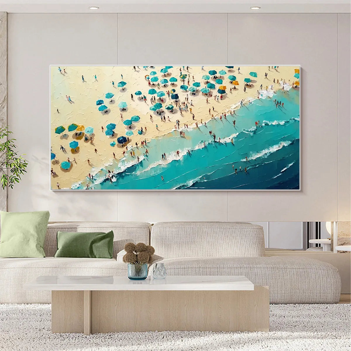 Summer Afternoon hand-painted turquoise and ivory textured beach scene painting shown with wood frame