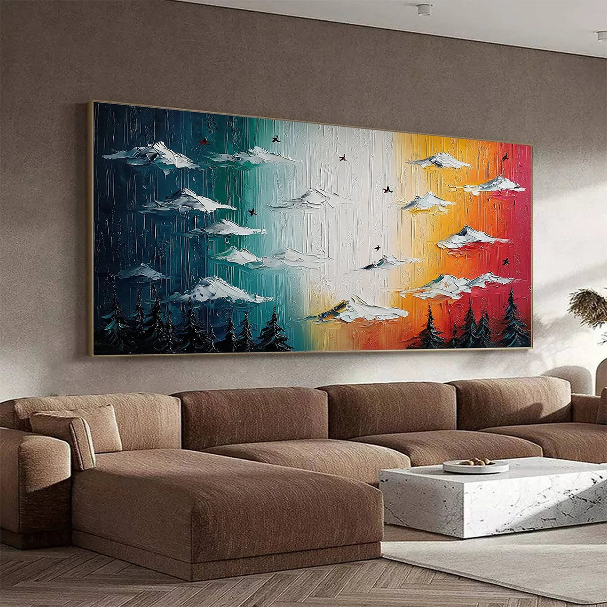 Chromatic Ascension hand-painted crimson, golden yellow, turquoise and violet textured mountain landscape painting shown with black frame