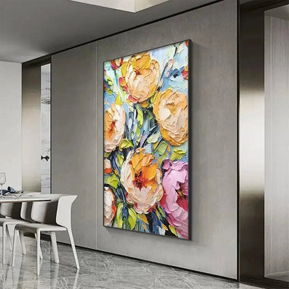 Yellow and Pink Floral Impasto Painting – Summer Bloom