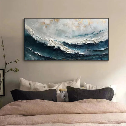 Ocean Dream hand-painted white, ocean blue and gold textured coastal abstract painting shown as stretched canvas