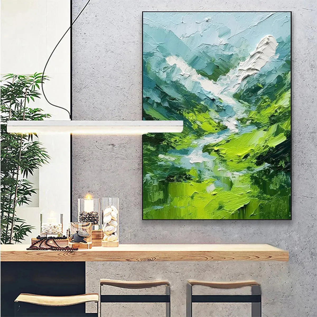 Emerald Valley hand-painted emerald green and ivory textured abstract mountain painting shown with wood frame