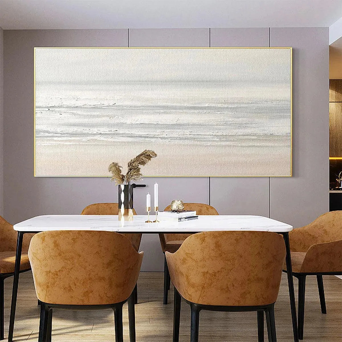 Tranquil Coast hand-painted ocean blue, ivory and soft neutral tones textured coastal landscape painting rolled canvas option