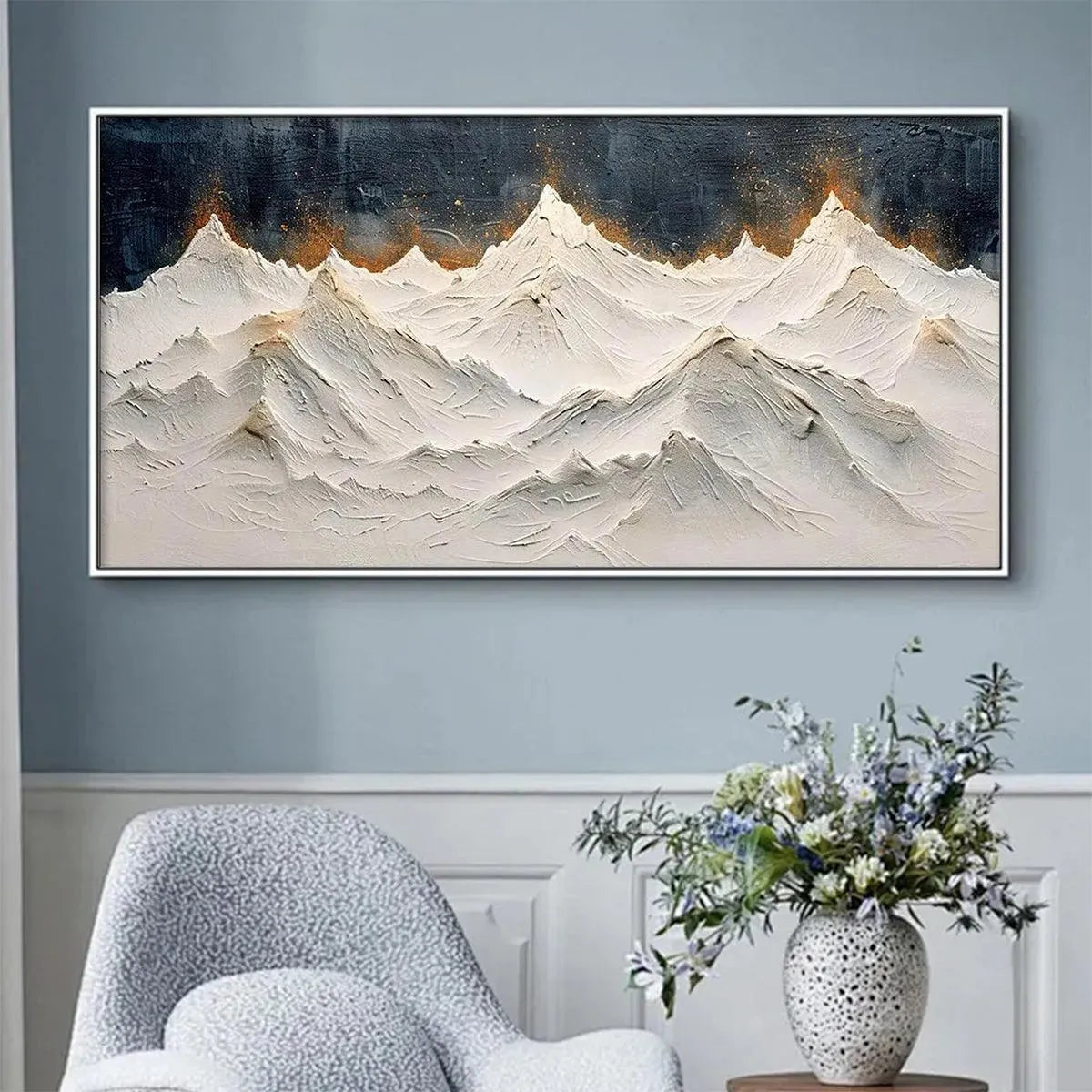 Snowy Peaks hand-painted white and gold textured mountain landscape painting shown with gold frame