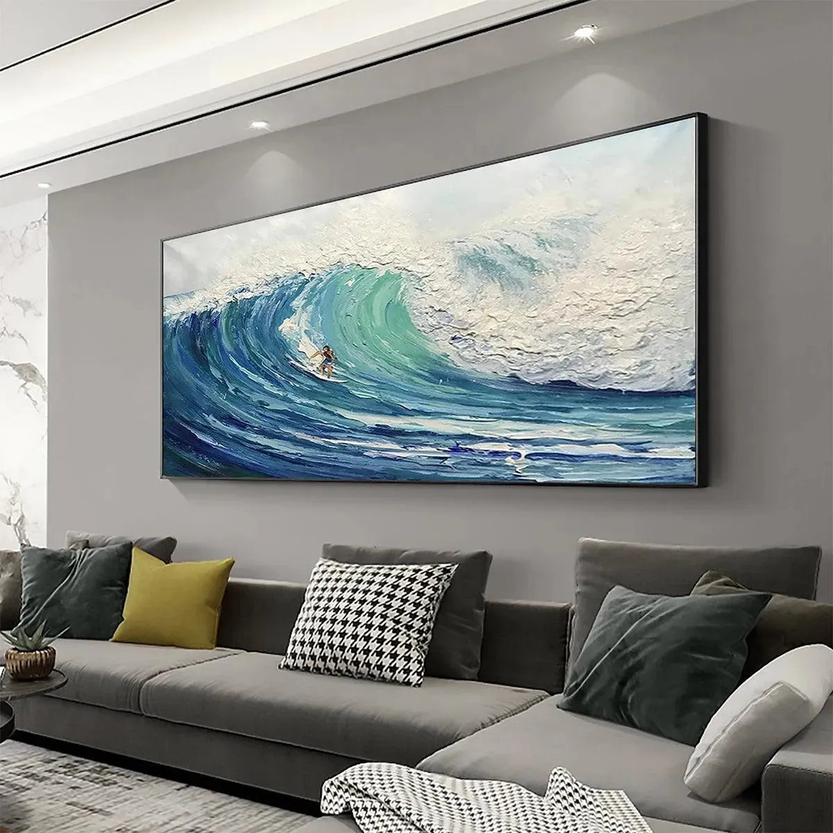 Emerald Surge hand-painted ocean blue and emerald green textured surfer ocean painting shown as stretched canvas