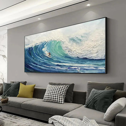 Emerald Surge hand-painted ocean blue and emerald green textured surfer ocean painting shown as stretched canvas