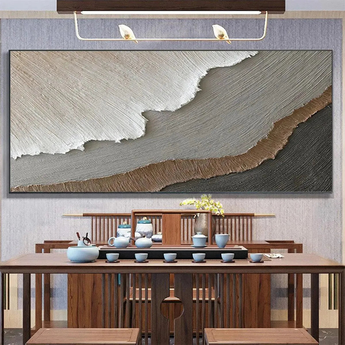 Earth Tones hand-painted white, beige, soft grey and earth brown textured coastal landscape painting rolled canvas option