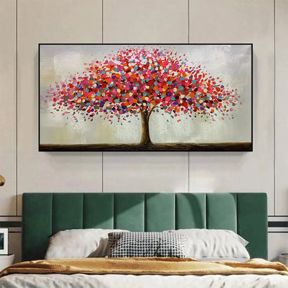 Jewel Tree hand-painted crimson, golden yellow, turquoise and violet textured tree painting shown as stretched canvas