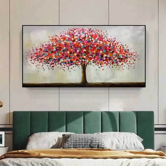 Jewel Tree hand-painted crimson, golden yellow, turquoise and violet textured tree painting shown as stretched canvas
