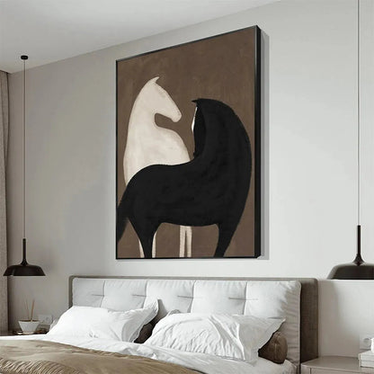 Black and White Minimalist Horse Oil Painting – Two Horses On Brown